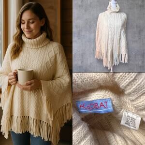 Acrobat Alpaca Wool Poncho Sweater OS White Cable Knit Fringe Turtleneck Cozy